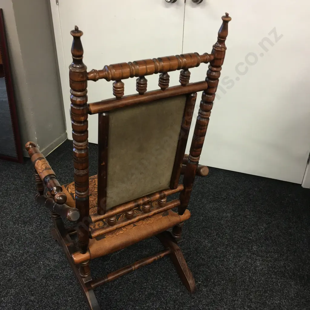 Antique Platform Rocker, Carved Floral Pattern Leather & Arm Covers Image 1++