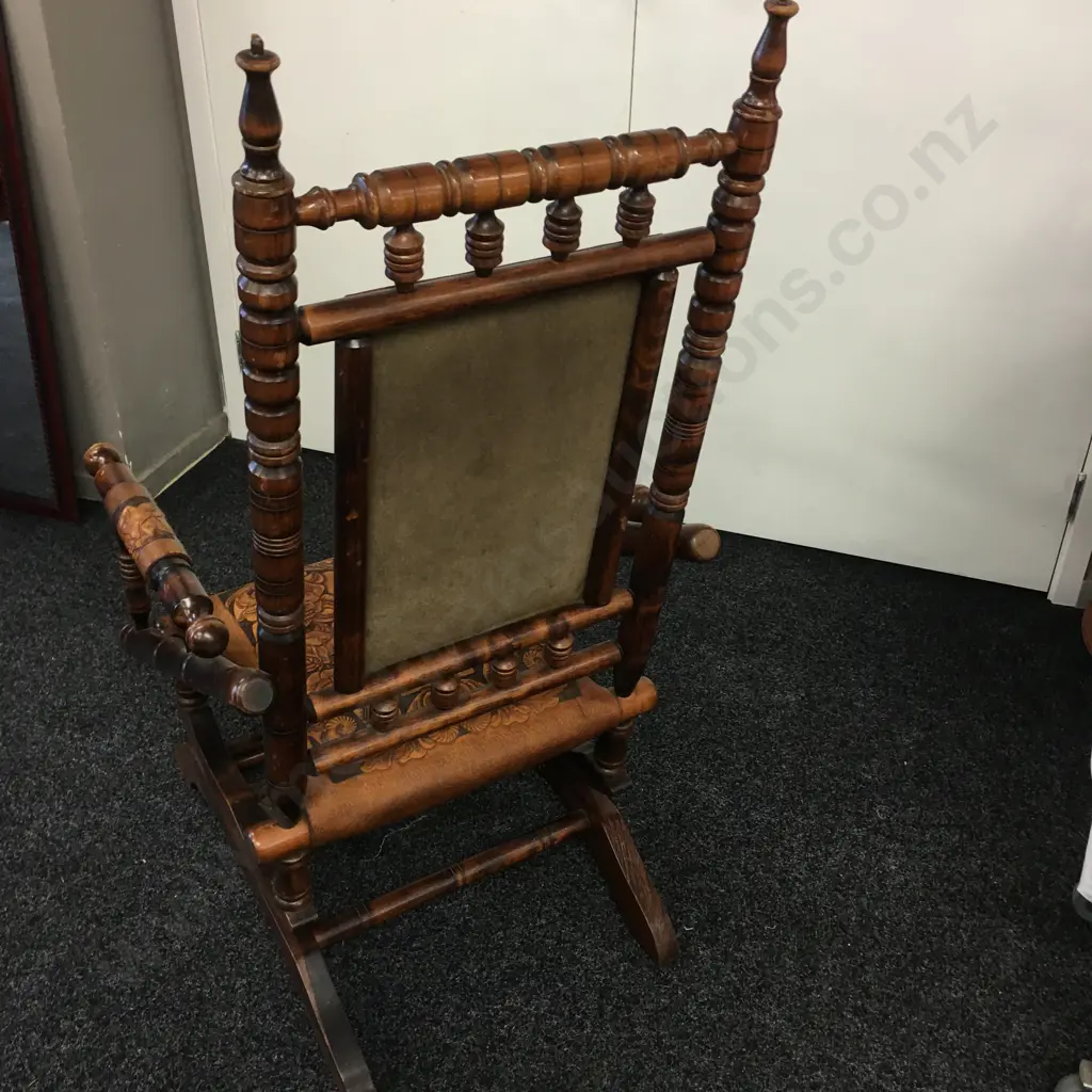 Antique Platform Rocker, Carved Floral Pattern Leather & Arm Covers Image 1++