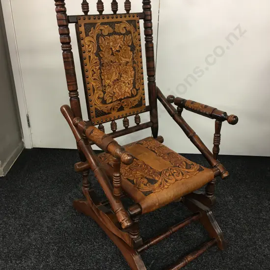 Antique Platform Rocker, Carved Floral Pattern Leather & Arm Covers