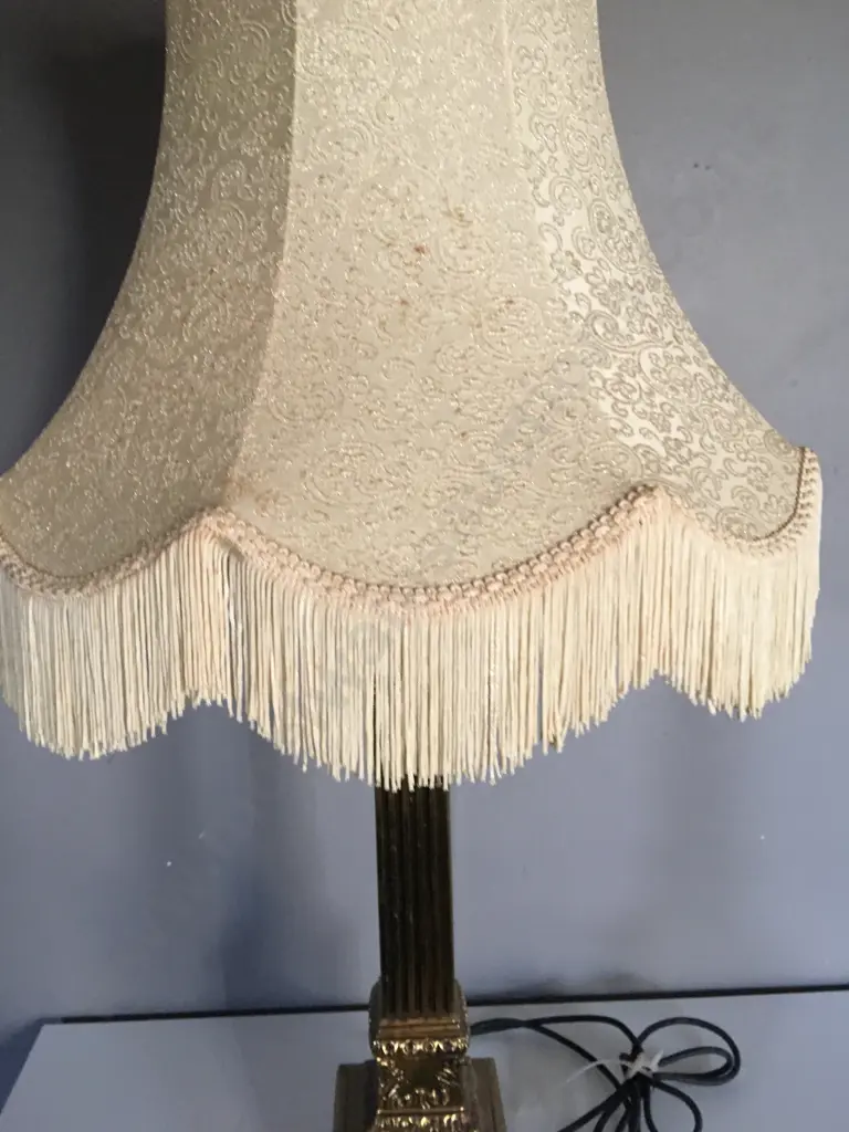 Vintage Tall Brass Column Table lamp With Cream Fringed Shade, H97cm Image 1++