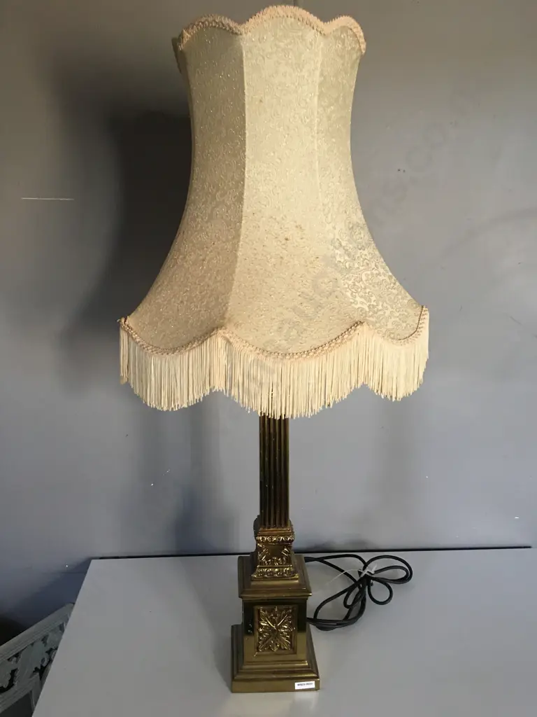 Vintage Tall Brass Column Table lamp With Cream Fringed Shade, H97cm Image 1++