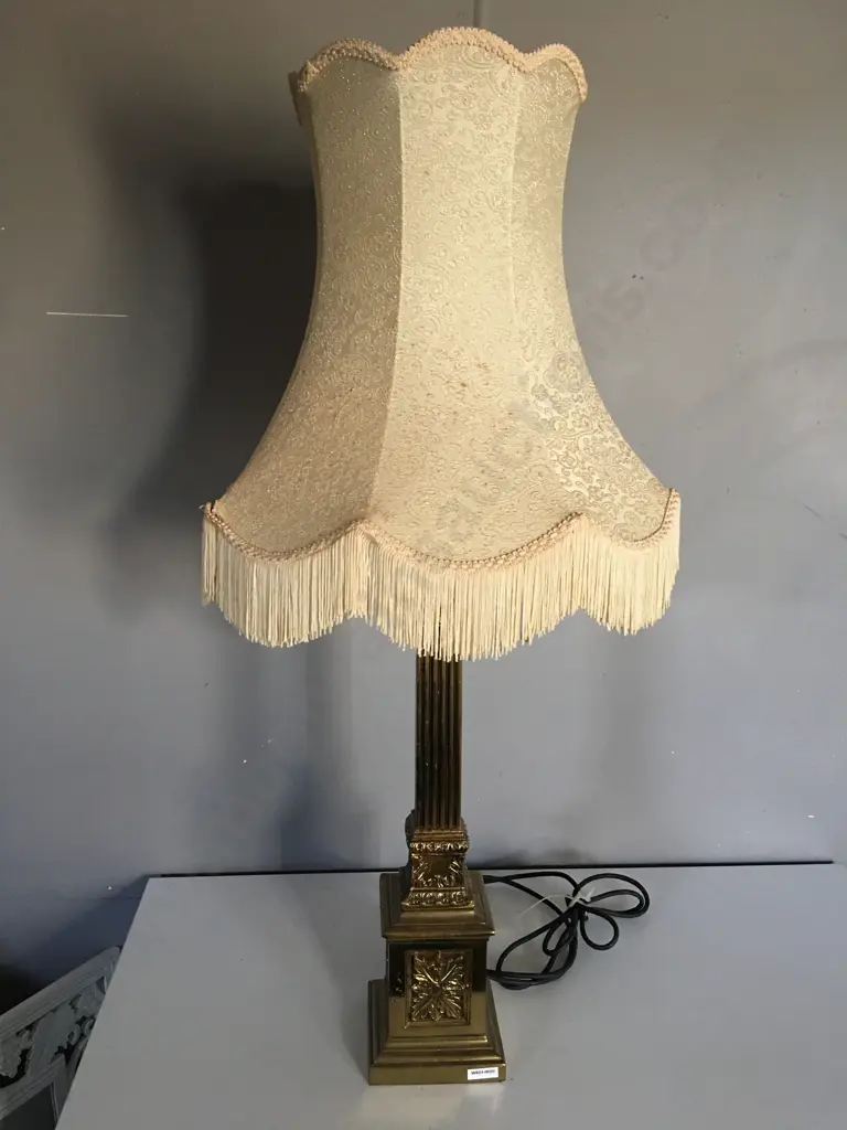 Vintage Tall Brass Column Table lamp With Cream Fringed Shade, H97cm Image 1++