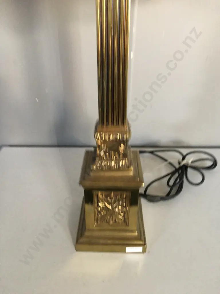 Vintage Tall Brass Column Table lamp With Cream Fringed Shade, H97cm Image 1++
