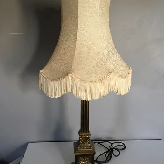 Vintage Tall Brass Column Table lamp With Cream Fringed Shade, H97cm
