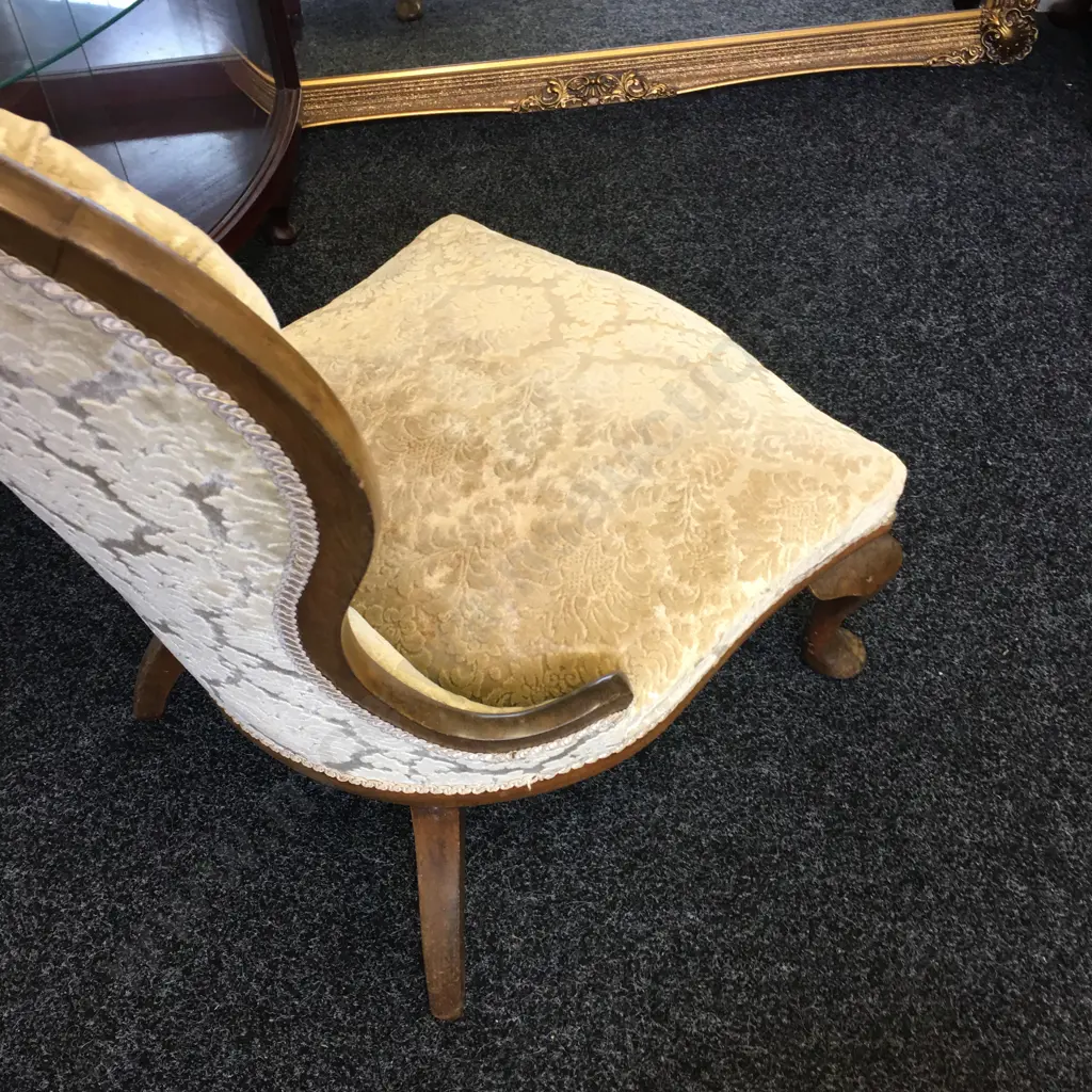 Mahogany Grandmother Chair, Gold Brocade Upholstery, Button Back Image 1++