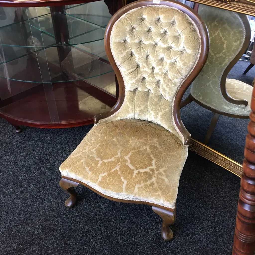Mahogany Grandmother Chair, Gold Brocade Upholstery, Button Back Image 1++