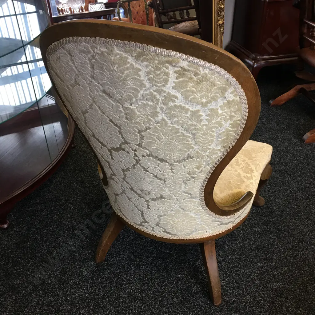 Mahogany Grandmother Chair, Gold Brocade Upholstery, Button Back Image 1++