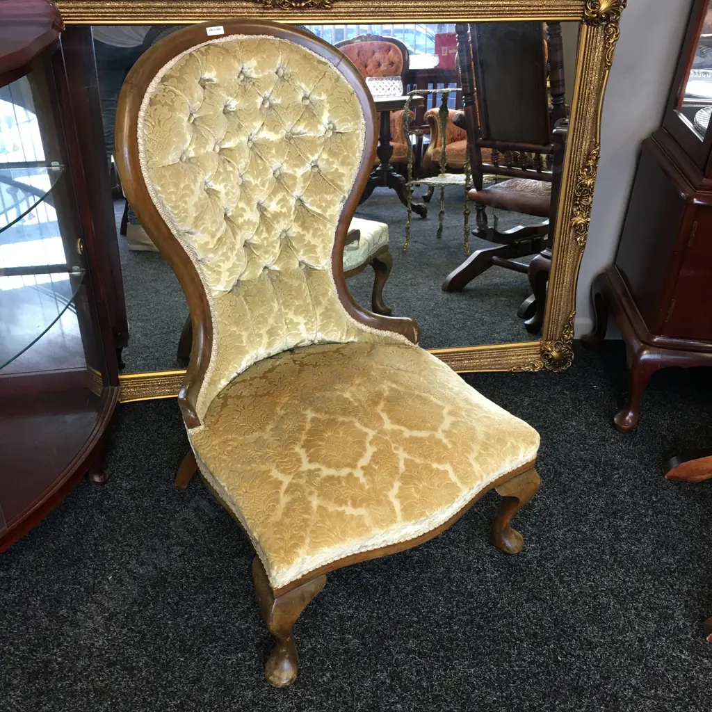 Mahogany Grandmother Chair, Gold Brocade Upholstery, Button Back Image 1++