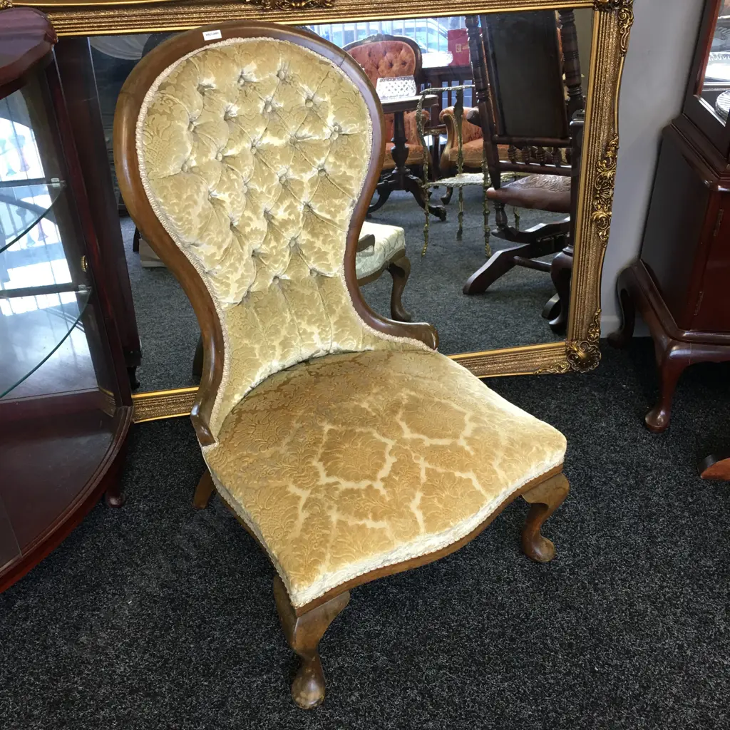 Mahogany Grandmother Chair, Gold Brocade Upholstery, Button Back Image 1++