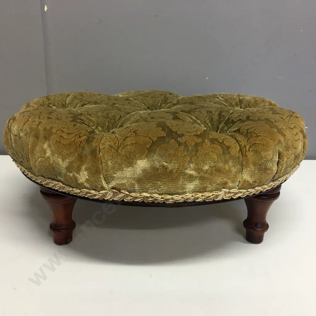 Vintage Round Buttoned Footstool, Brocade Upholstery, 14 x 40cm Image 1++