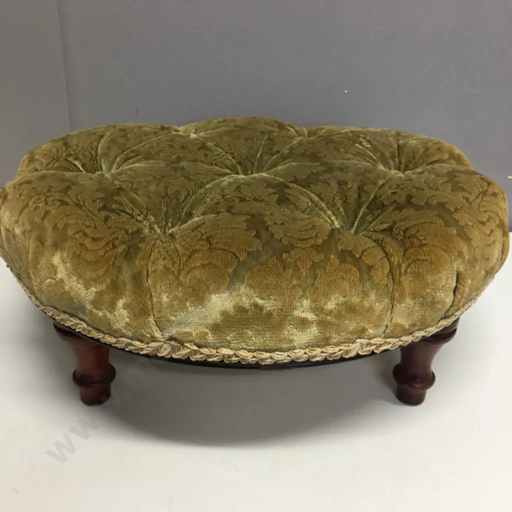 Vintage Round Buttoned Footstool, Brocade Upholstery, 14 x 40cm Image 1++