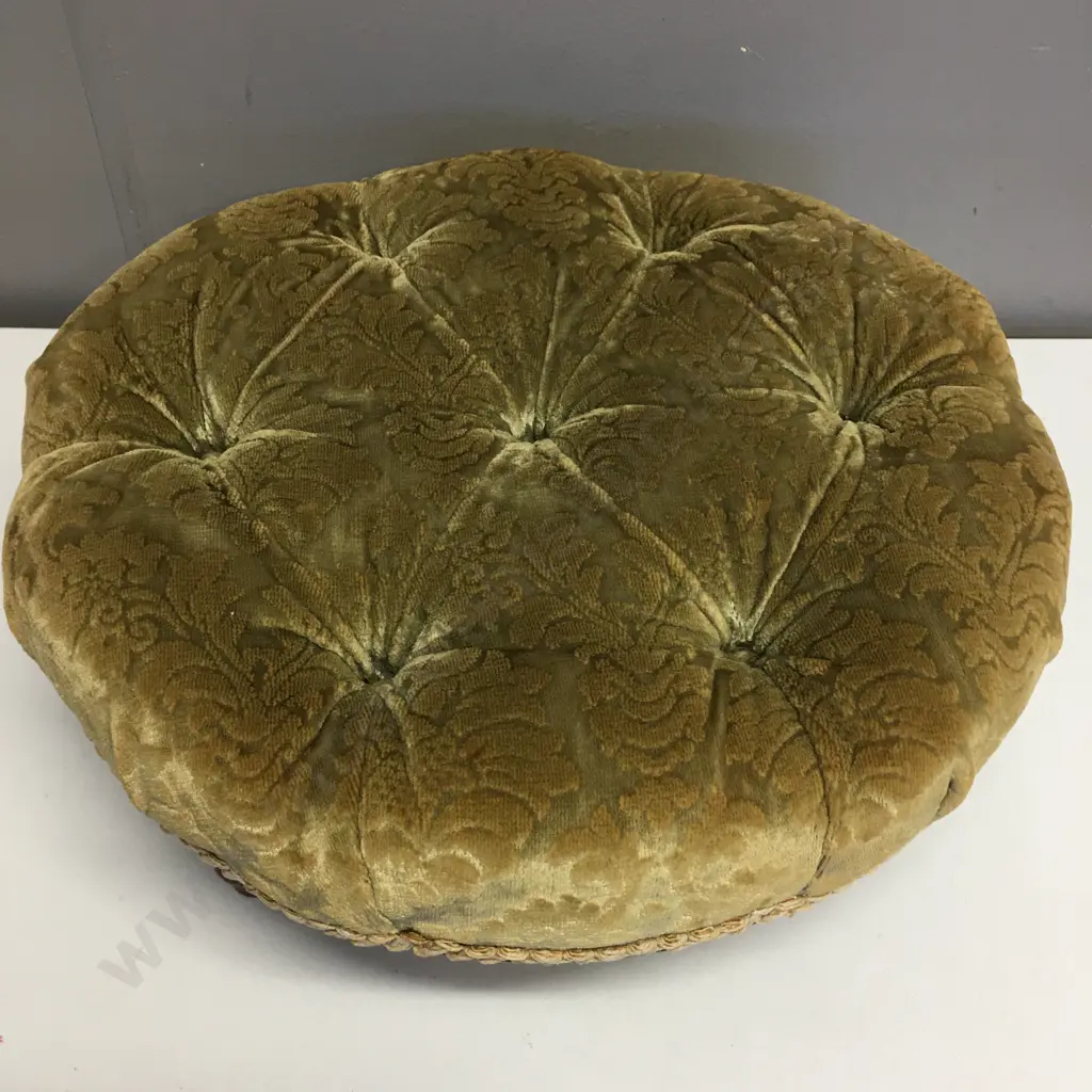 Vintage Round Buttoned Footstool, Brocade Upholstery, 14 x 40cm Image 1++