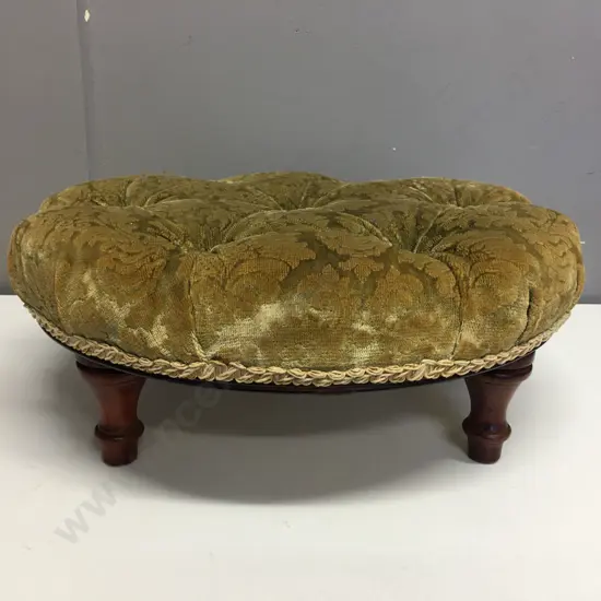 Vintage Round Buttoned Footstool, Brocade Upholstery, 14 x 40cm