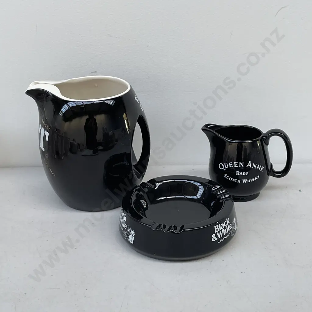 Three Vintage Wade Alcohol Advertsing Items: Vat69 Jug H15cm, Queen Anne Jug H8.5cm and Black and White Ashtray Image 1++