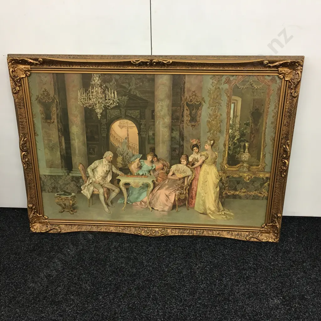 Large Francesco Beda Framed Print "The Chess Game". Ornate Gilded Frame. 72 x 102 incl Frame Image 1++