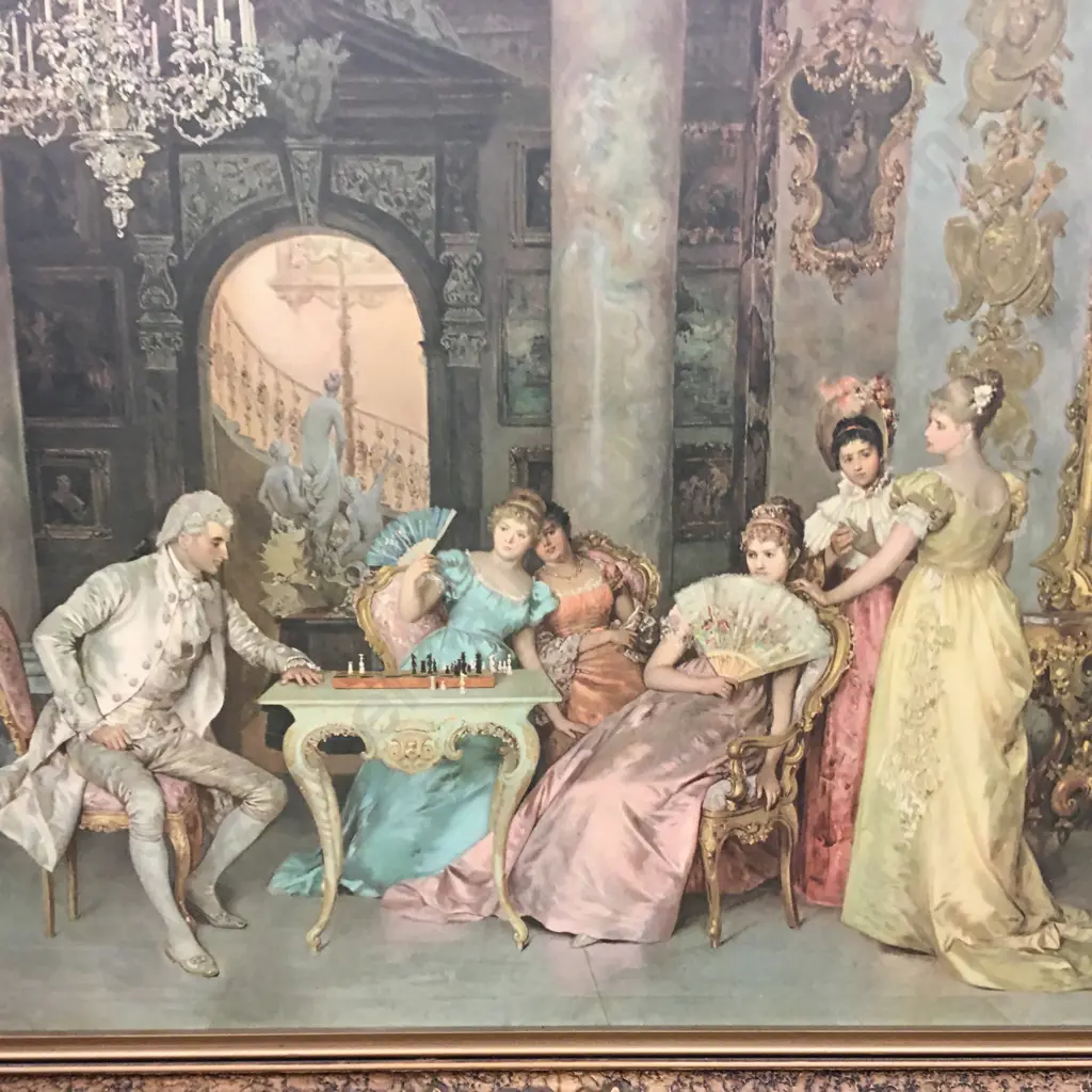 Large Francesco Beda Framed Print "The Chess Game". Ornate Gilded Frame. 72 x 102 incl Frame Image 1++