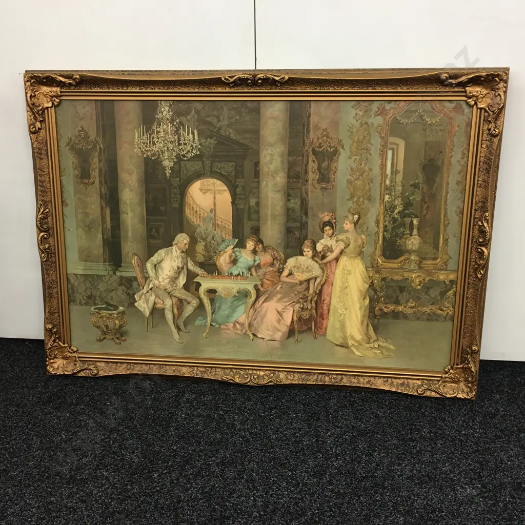 Large Francesco Beda Framed Print "The Chess Game". Ornate Gilded Frame. 72 x 102 incl Frame Image 1++