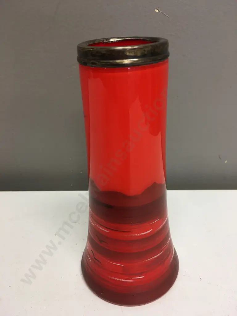 Art Deco Tango Glass Vase With Enamel & Silver Rim, Hall Marked As Shown, H16cm Image 1++