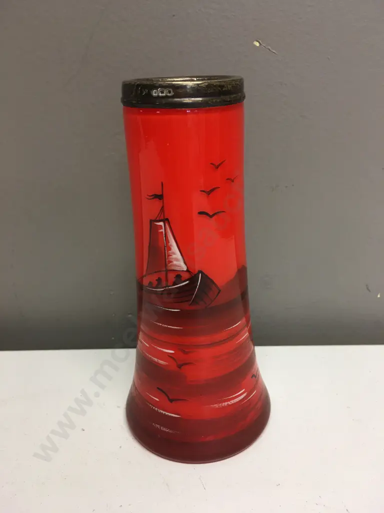 Art Deco Tango Glass Vase With Enamel & Silver Rim, Hall Marked As Shown, H16cm Image 1++