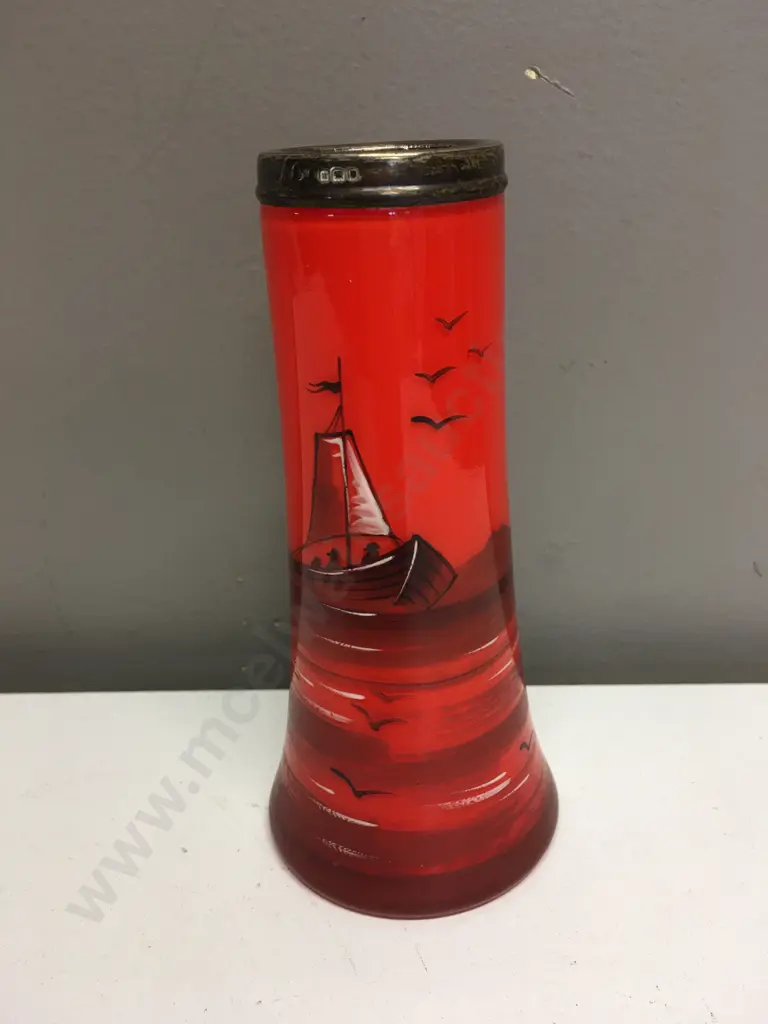 Art Deco Tango Glass Vase With Enamel & Silver Rim, Hall Marked As Shown, H16cm Image 1++