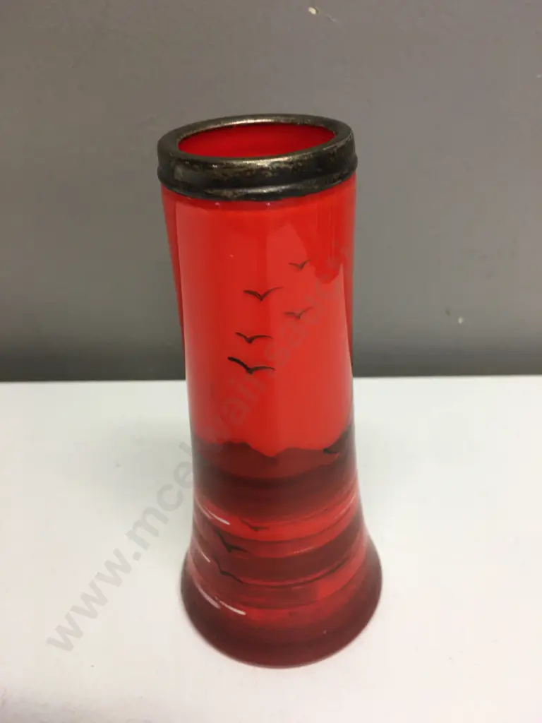 Art Deco Tango Glass Vase With Enamel & Silver Rim, Hall Marked As Shown, H16cm Image 1++