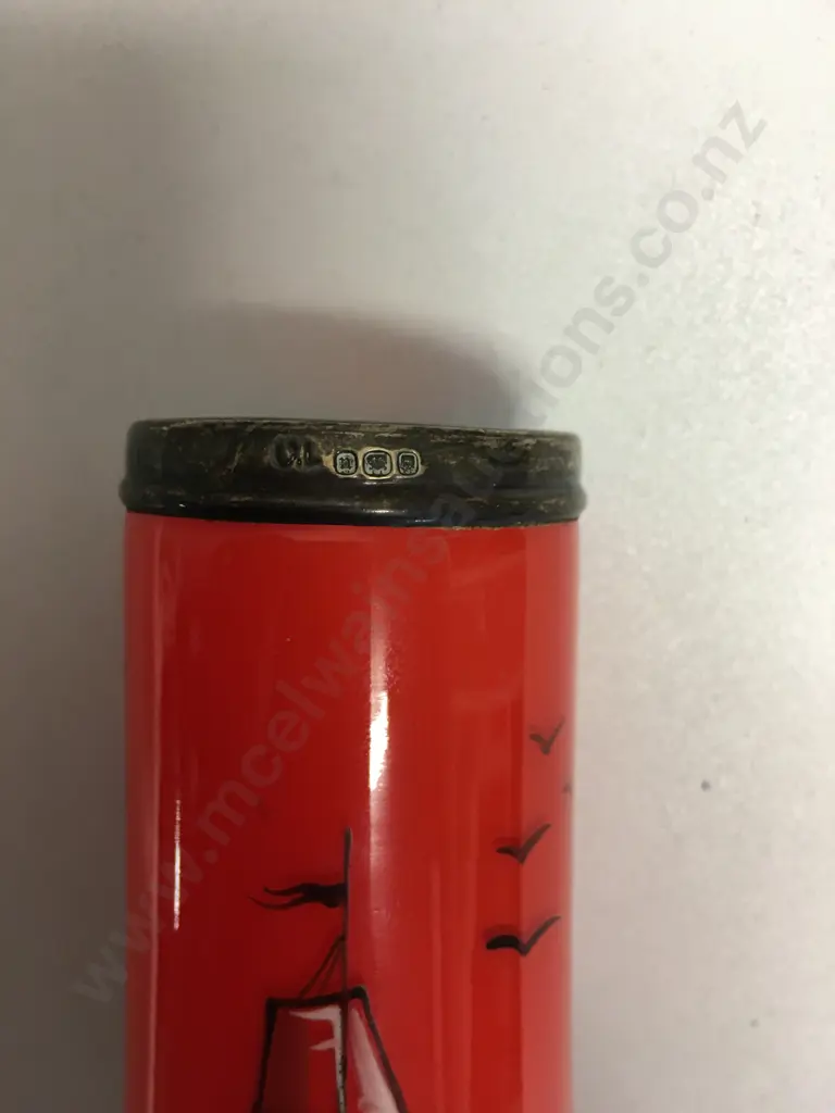 Art Deco Tango Glass Vase With Enamel & Silver Rim, Hall Marked As Shown, H16cm Image 1++