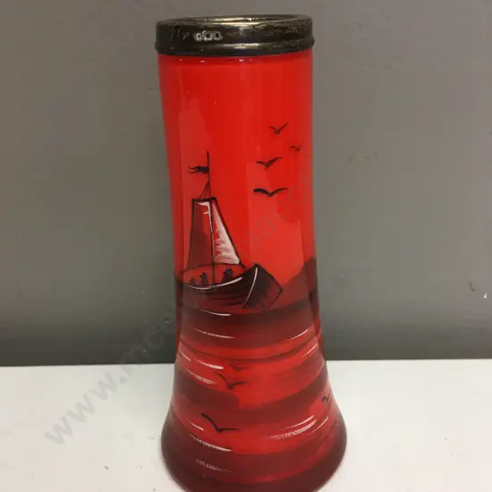 Art Deco Tango Glass Vase With Enamel & Silver Rim, Hall Marked As Shown, H16cm
