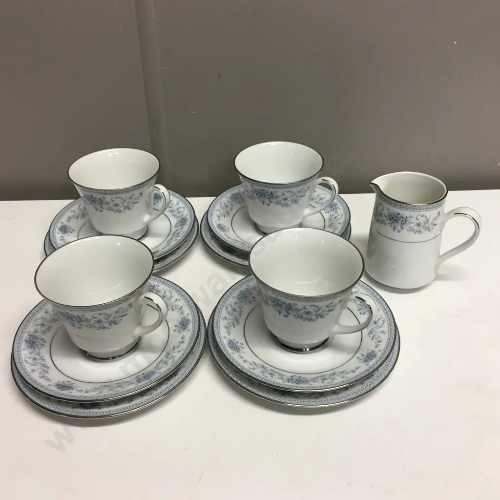 Contempory Fine China by Noritake Blue Hill #2482, 4 x Trios & Creamer Image 1++