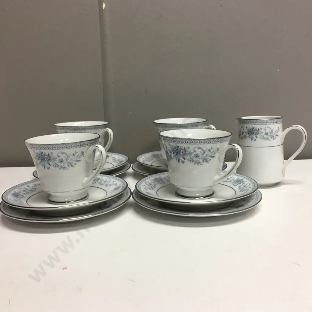 Contempory Fine China by Noritake Blue Hill #2482, 4 x Trios & Creamer Image 1++