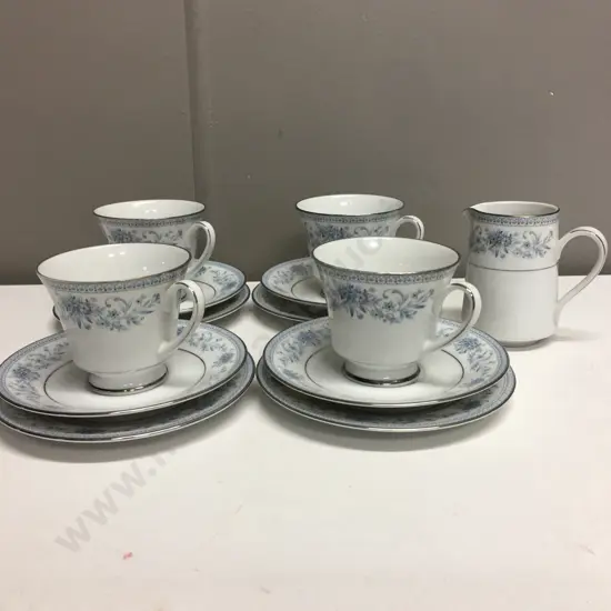Contempory Fine China by Noritake Blue Hill #2482, 4 x Trios & Creamer