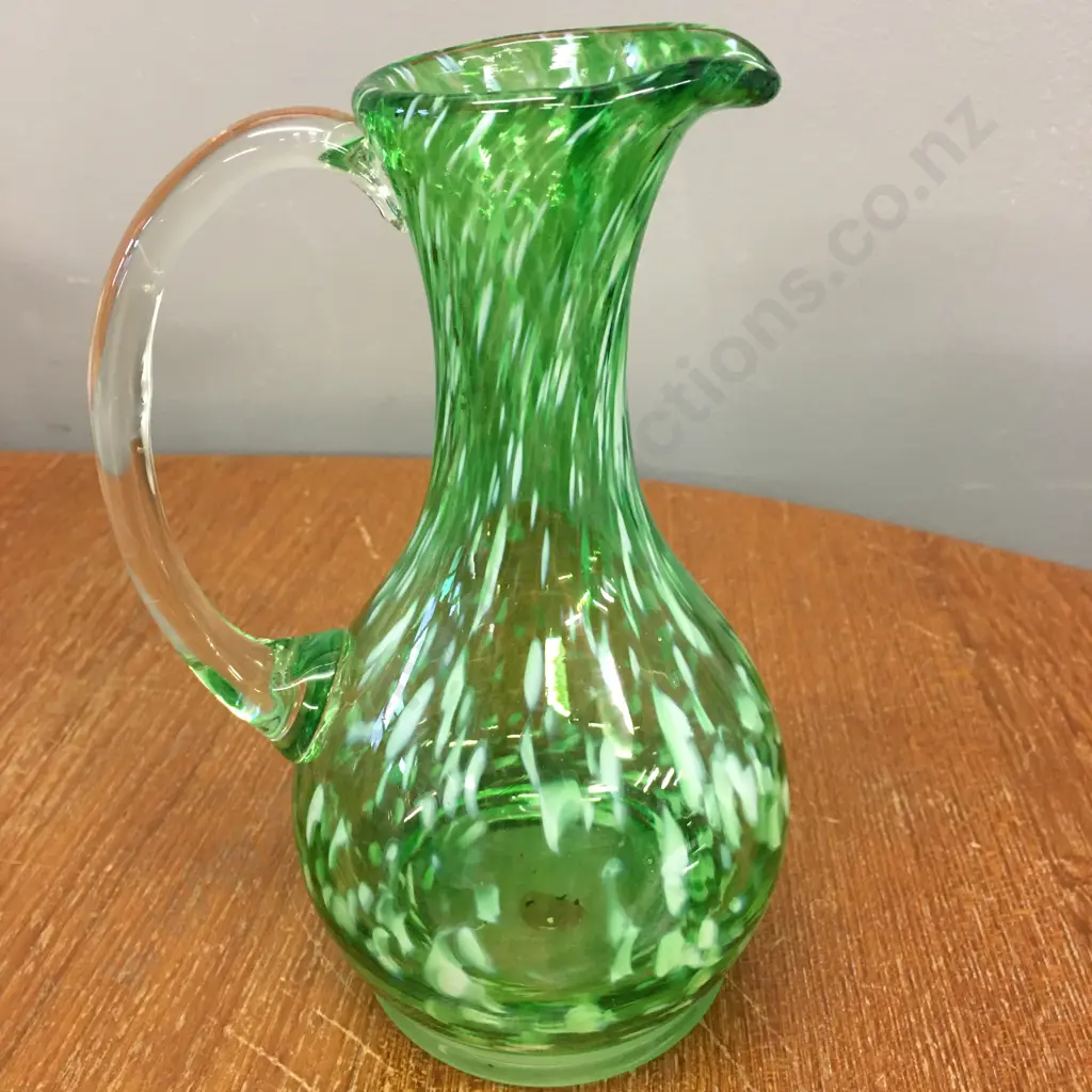 Mid Century Italian Mouth Blown Speckled Green Glass Jug With Clear Handle, H20cm Image 1++