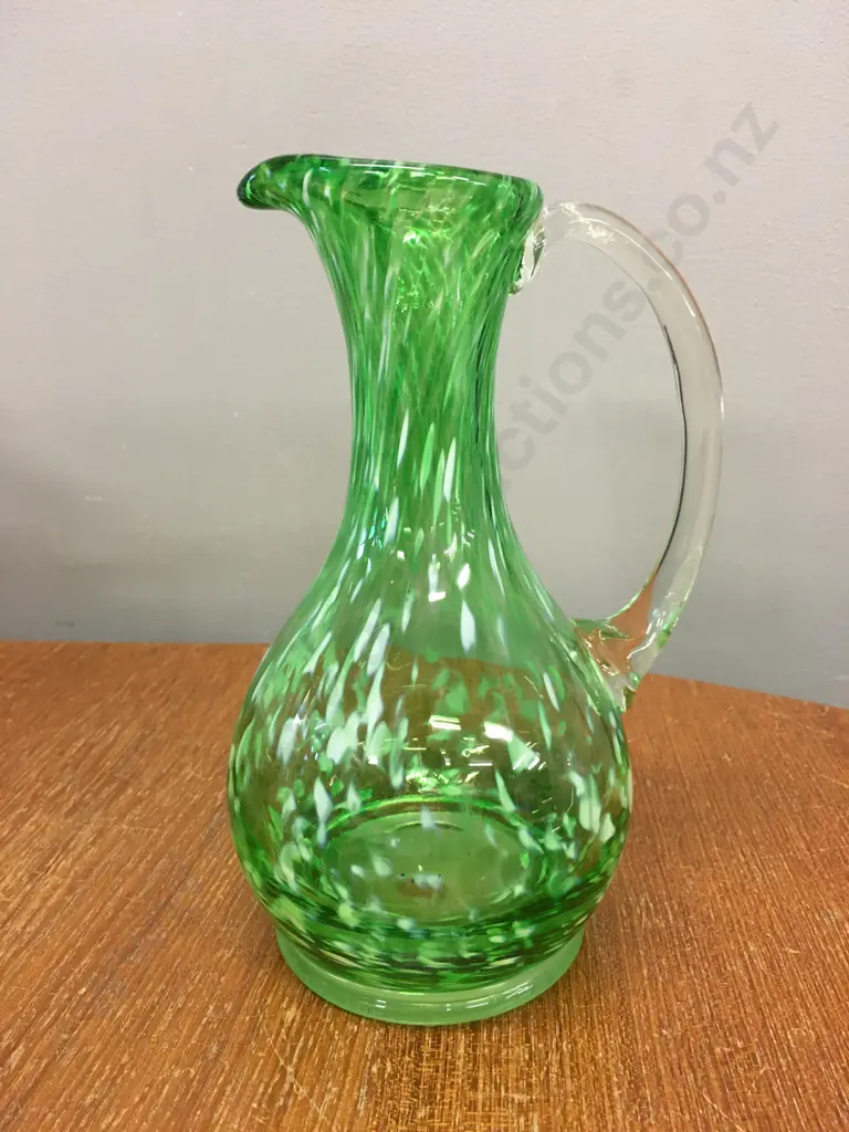 Mid Century Italian Mouth Blown Speckled Green Glass Jug With Clear Handle, H20cm Image 1++