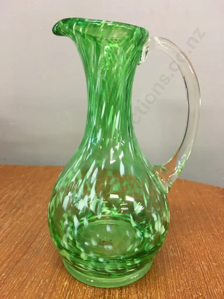 Mid Century Italian Mouth Blown Speckled Green Glass Jug With Clear Handle, H20cm Image 1++