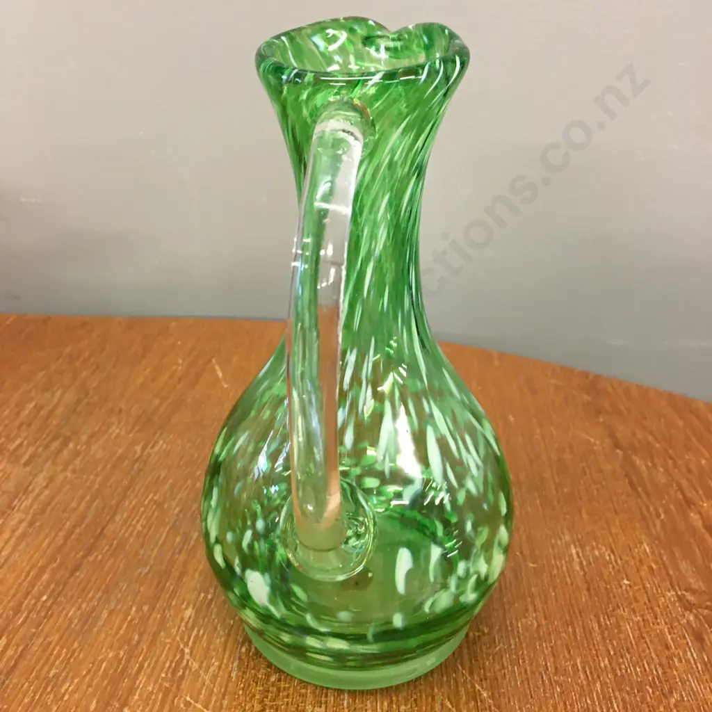 Mid Century Italian Mouth Blown Speckled Green Glass Jug With Clear Handle, H20cm Image 1++