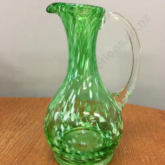 Mid Century Italian Mouth Blown Speckled Green Glass Jug With Clear Handle, H20cm