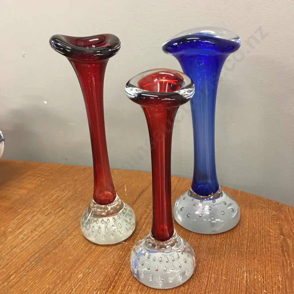 Vintage Swedish Art Retro Glass Bud Vases. 2 x Cobalt Blue, 1 x Red Image 1++