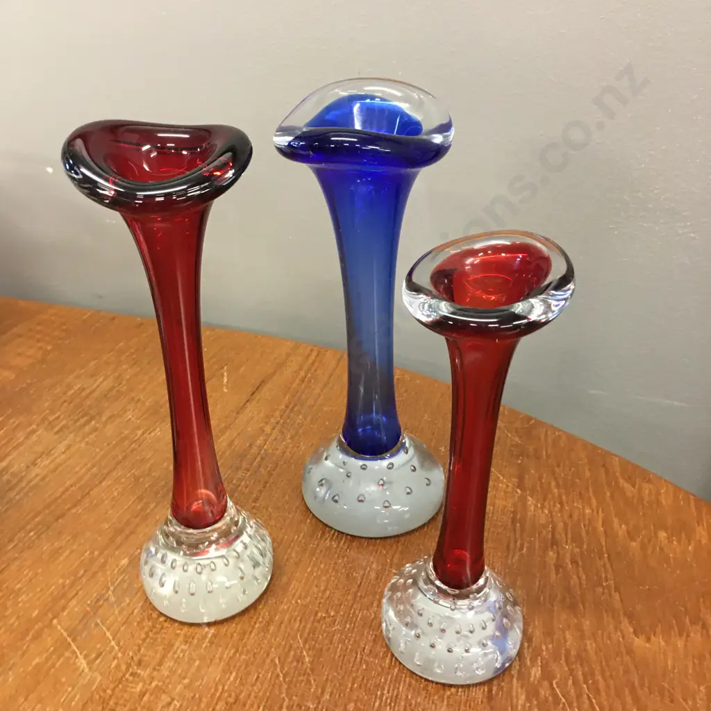 Vintage Swedish Art Retro Glass Bud Vases. 2 x Cobalt Blue, 1 x Red Image 1++