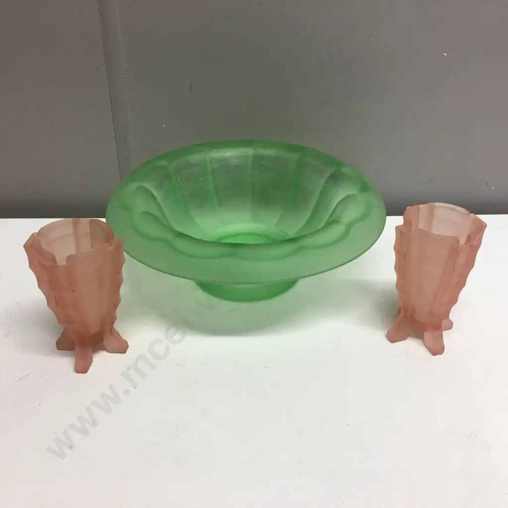 Pair of Bagley Art Deco Frosted Pink Glass 'Bamboo Vases' & Green Depression Glass Footed Bowl Image 1++