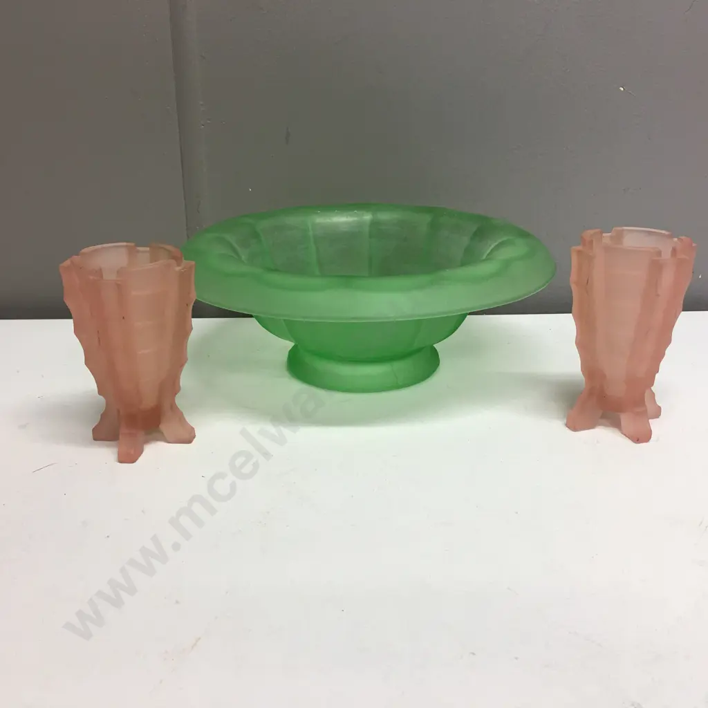 Pair of Bagley Art Deco Frosted Pink Glass 'Bamboo Vases' & Green Depression Glass Footed Bowl Image 1++