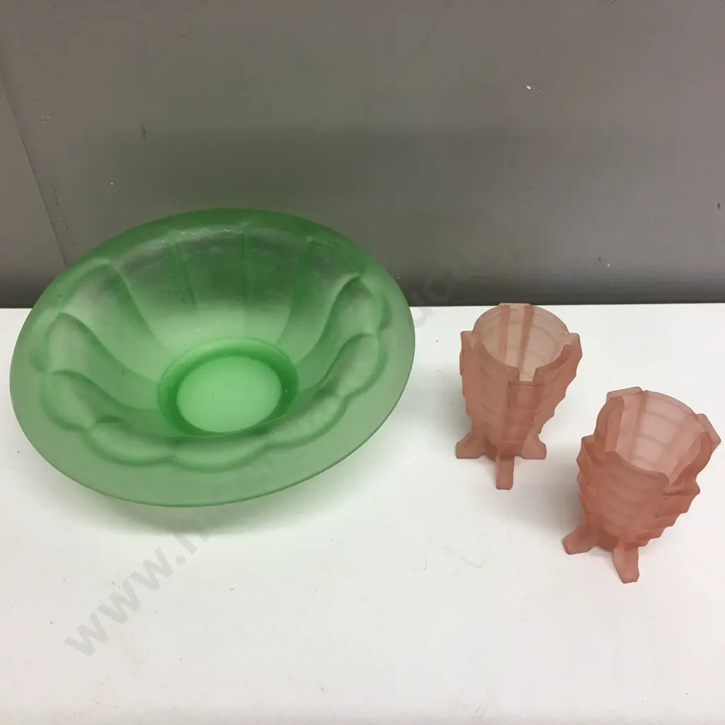 Pair of Bagley Art Deco Frosted Pink Glass 'Bamboo Vases' & Green Depression Glass Footed Bowl Image 1++