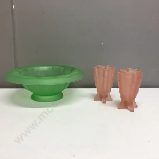 Pair of Bagley Art Deco Frosted Pink Glass 'Bamboo Vases' & Green Depression Glass Footed Bowl