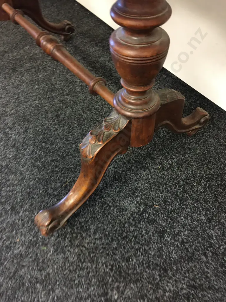 Antique Oval Kauri Centre Table, Carved Legs With Turned Shaped Stretcher, Bakelite Castors, H64 W106 D65cm Image 1++
