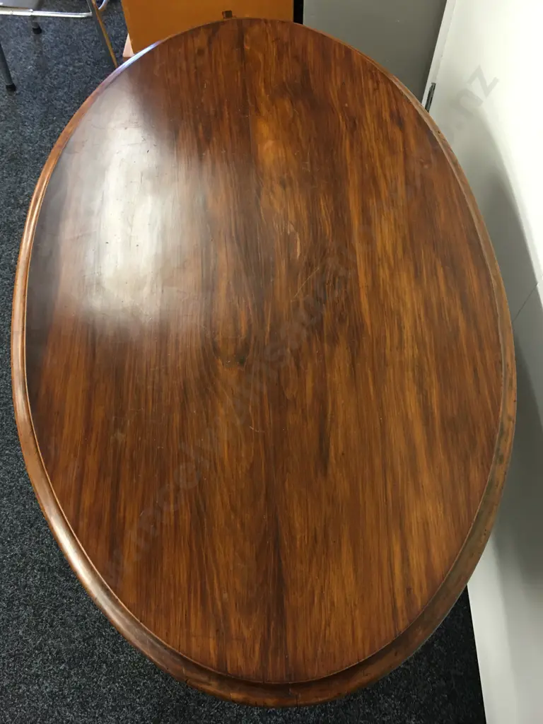 Antique Oval Kauri Centre Table, Carved Legs With Turned Shaped Stretcher, Bakelite Castors, H64 W106 D65cm Image 1++