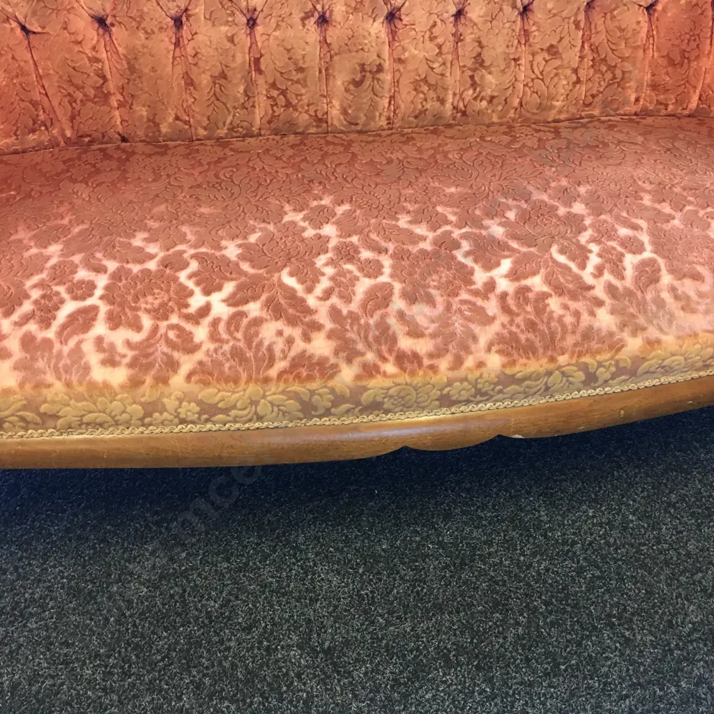 Victorian Mahogany Parlour Suite, Carved, Rose Coloured Button Back Upholstery With Braiding, Cabriole Legs, L188cm Image 1++