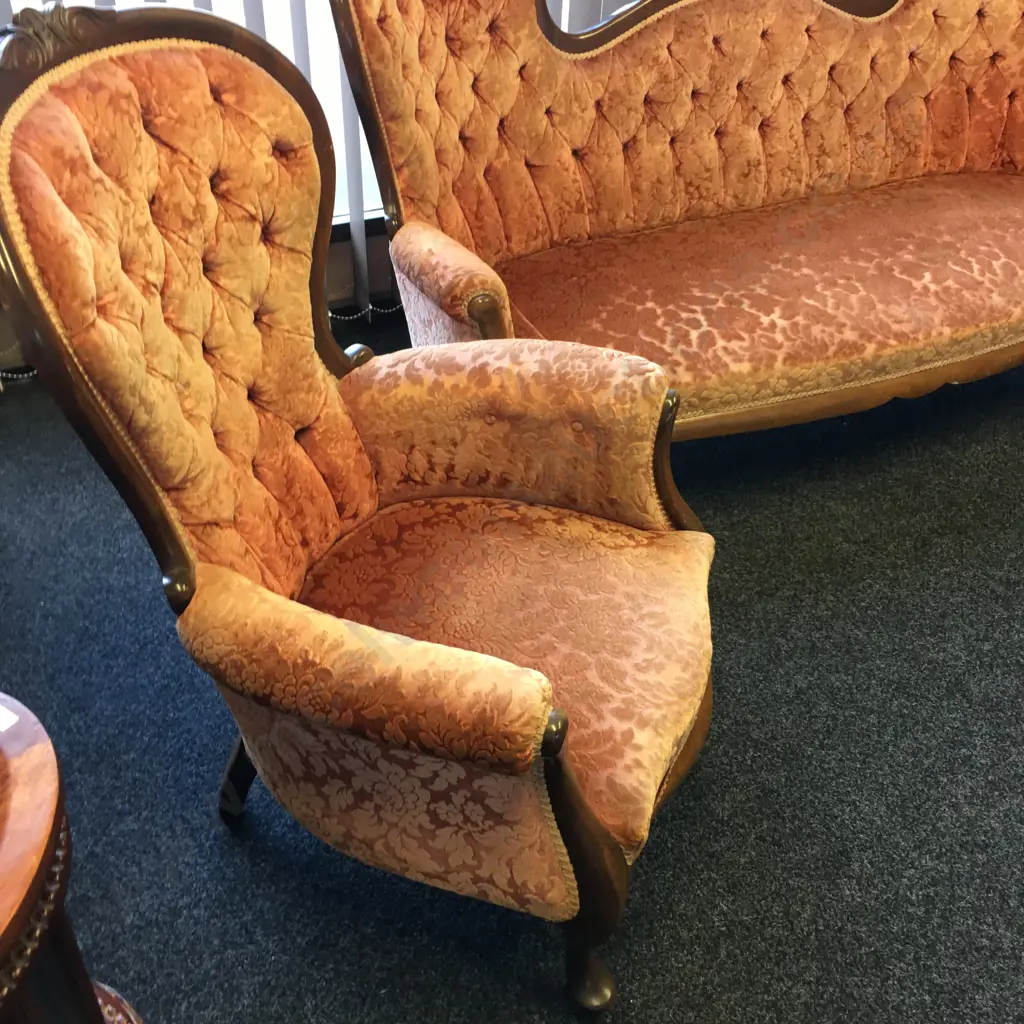 Victorian Mahogany Parlour Suite, Carved, Rose Coloured Button Back Upholstery With Braiding, Cabriole Legs, L188cm Image 1++