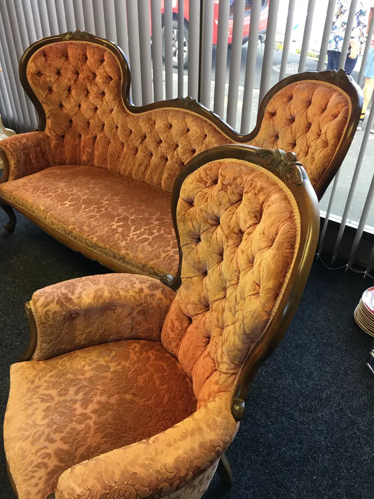 Victorian Mahogany Parlour Suite, Carved, Rose Coloured Button Back Upholstery With Braiding, Cabriole Legs, L188cm Image 1++