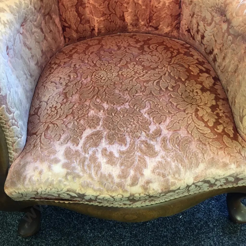 Victorian Mahogany Parlour Suite, Carved, Rose Coloured Button Back Upholstery With Braiding, Cabriole Legs, L188cm Image 1++