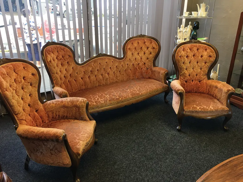 Victorian Mahogany Parlour Suite, Carved, Rose Coloured Button Back Upholstery With Braiding, Cabriole Legs, L188cm Image 1++