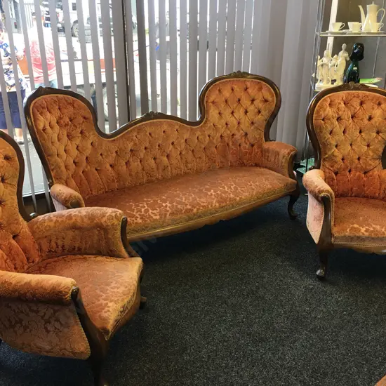 Victorian Mahogany Parlour Suite, Carved, Rose Coloured Button Back Upholstery With Braiding, Cabriole Legs, L188cm