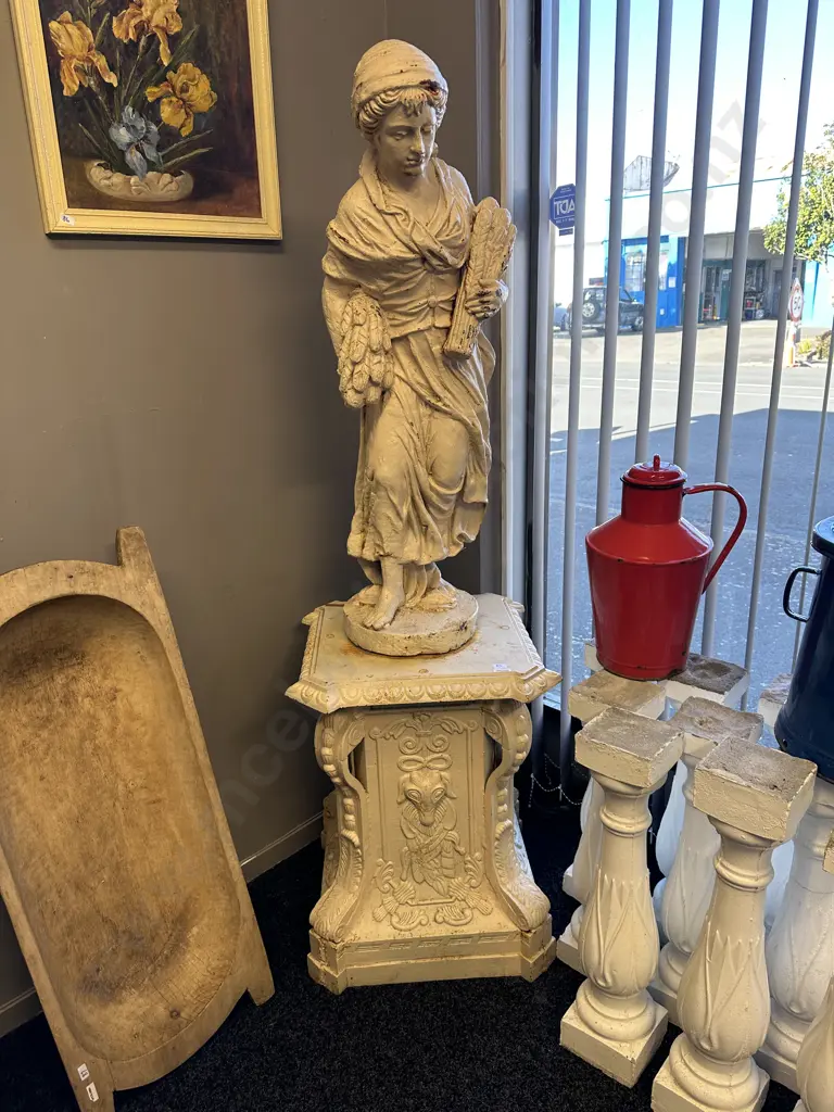Cast Iron Garden Statue - Classical Man & Barley Sheaves On Plinth, Antique Cream Finish, 100cm on 67 x 52cm Plinth Image 1++